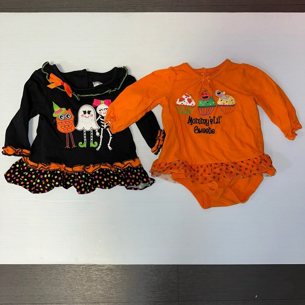 Lot of 2 Baby Girl Halloween Holiday Tops 6-9 months Orange & Black